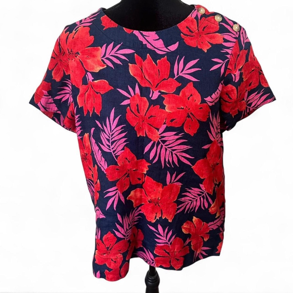 Lands' End Linen Navy Hawaiian Floral Shortsleeved Top Medium